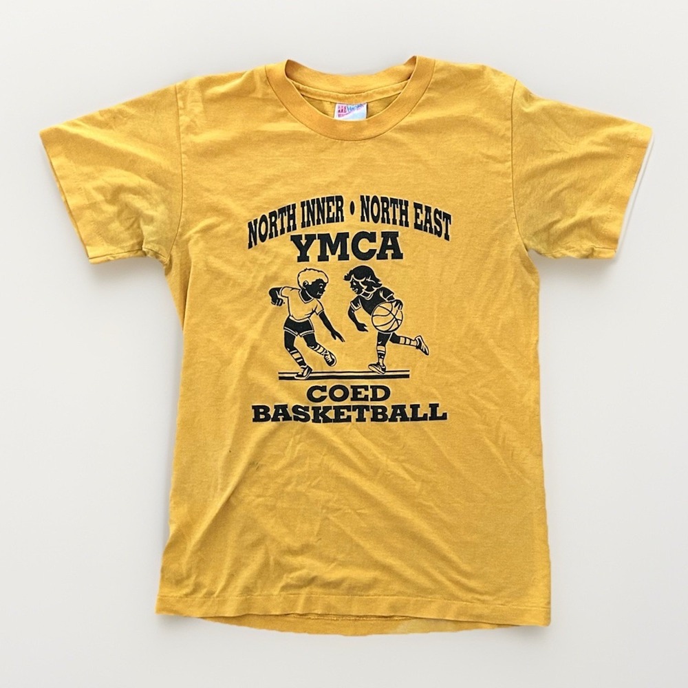Vintage 80s YMCA CoEd Basketball Shirt Tee Yellow #1 Hanes Beefy T - Size S